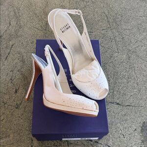 New Stuart Weitzman White Peep-Toe wedding g Slingback Heels